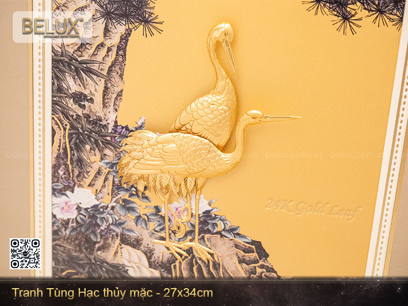 Tranh tùng hạc thủy mặc dát vàng kt 34x27cm&nbsp;